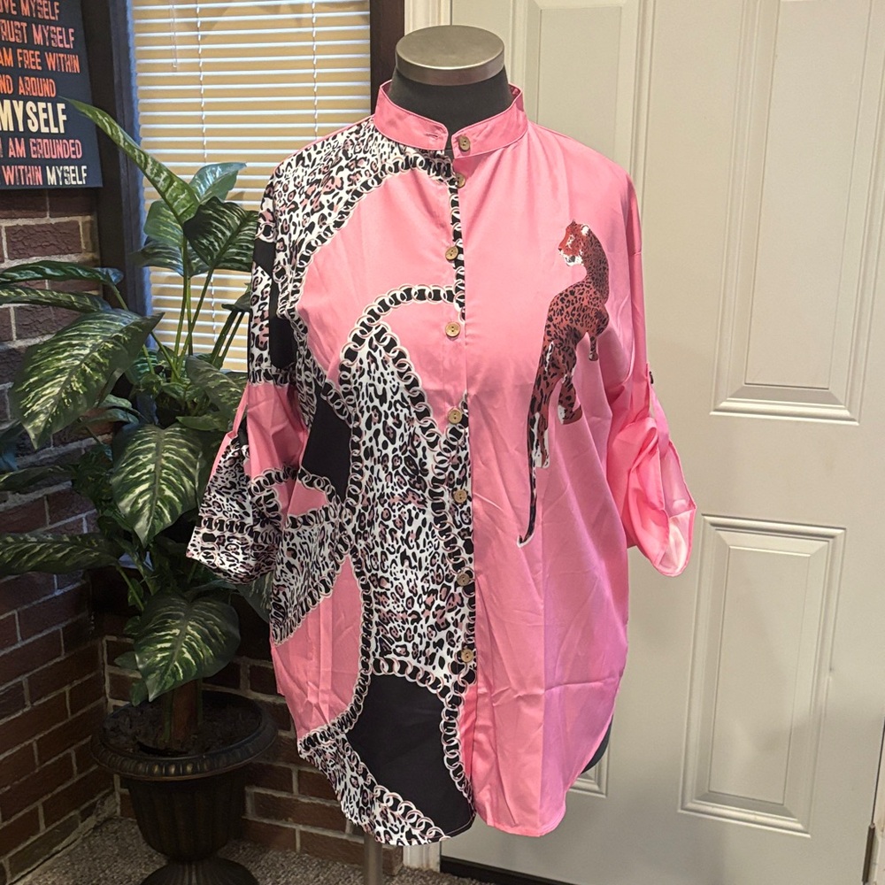 Pink Animal Print Button-Up Blouse